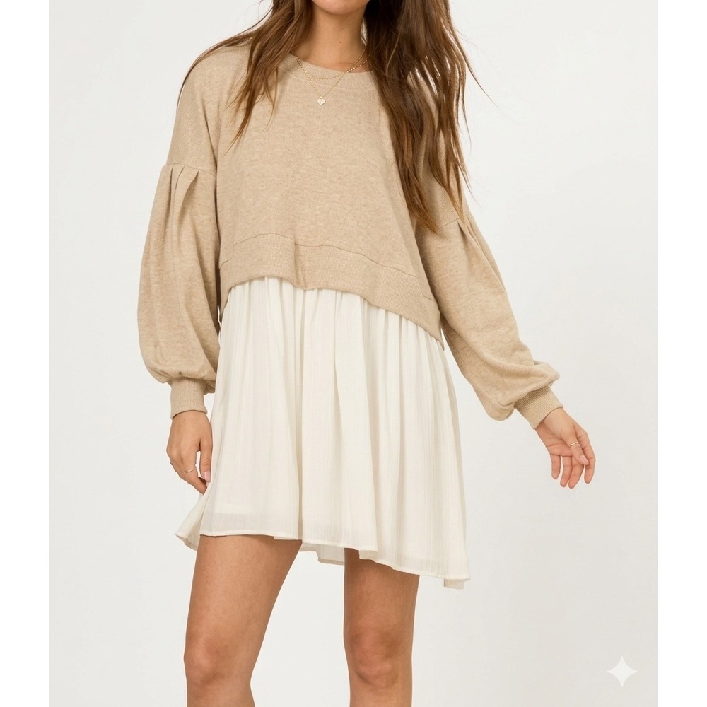 Altar'd State Tan Mixed Media Sweatshirt Pleated Mini Dress XL DD8780AS Boho